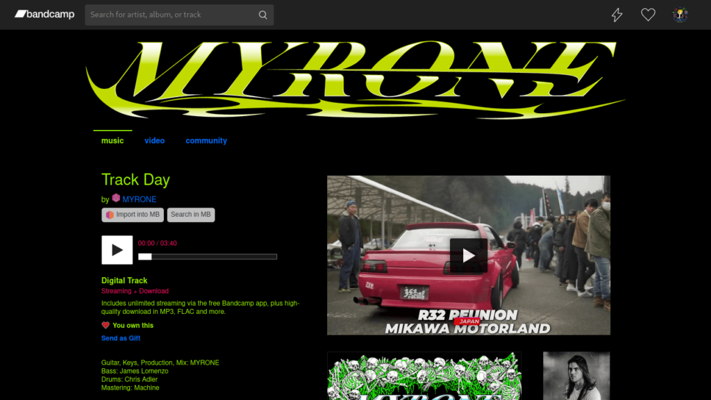Bandcamp pagina van Myrone&rsquo;s nummer Track Day met twee knoppen: Import into MB, en Search in MB