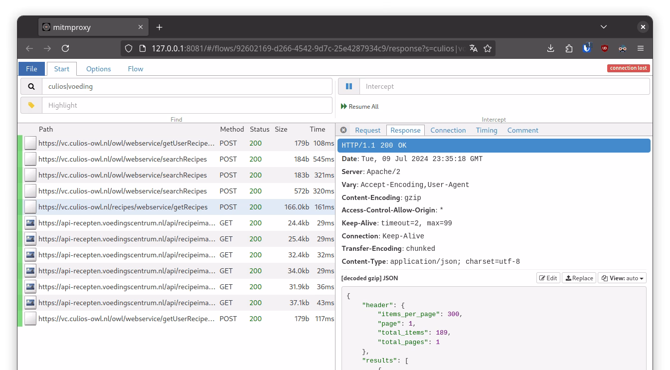 Screenshot van Firefox browser die de webapplicatie mitmweb laat zien.