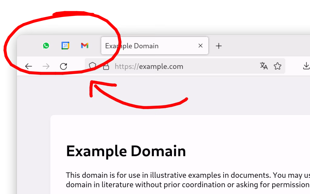 Firefox with three pinned tabs and one unpinned tabs. A red arrow points to the three pinned tabs, which are circled in red.