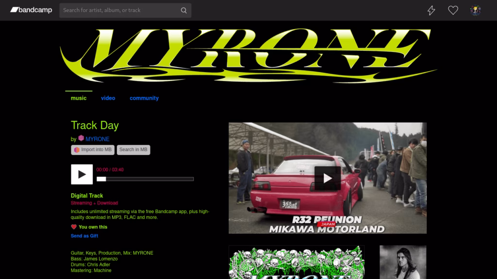Bandcamp pagina van Myrone's nummer Track Day met twee knoppen: Import into MB, en Search in MB.