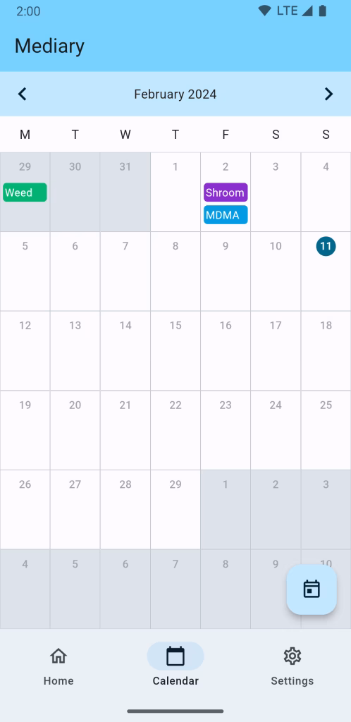 Screenshot of the Mediary app. It shows a calendar in month view, where a few drugs are noted.